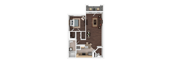 A floor plan of a small apartment with a kitchen, living room, and bathroom.