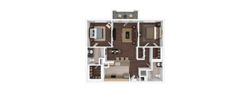 A floor plan of a house with a kitchen, living room, dining room, and two bedrooms.