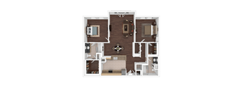 A top-down view of a house layout with a kitchen, living room, and two bedrooms.