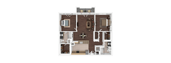 A floor plan of a house with a living room, dining room, kitchen, and two bedrooms.