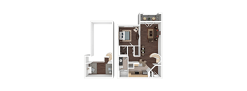 A floor plan of a small apartment with a kitchen, living room, and bedroom.