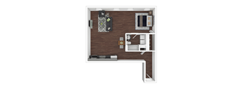 A top down view of a small apartment with a kitchen, living room and a bedroom.