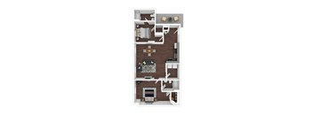 A floor plan of a small apartment with a kitchen, living room, and bathroom.