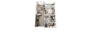 A top-down view of a small, neatly organized apartment.
