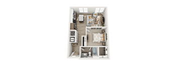 A top down view of a small apartment with a bedroom, living room, and kitchen.