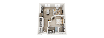A top-down view of a small, neatly organized apartment.