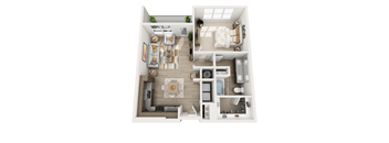 A top-down view of a small, neatly organized apartment.