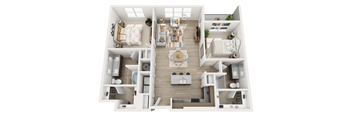 A top-down view of a well-furnished apartment.