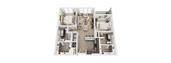 A white floor plan of a two-bedroom apartment with a living room, kitchen, and bathroom.