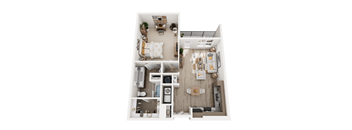 A top-down view of a small apartment with a kitchen, living room, and bedroom.