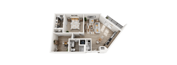 A top-down view of a small apartment with a bedroom, living room, kitchen, and bathroom.
