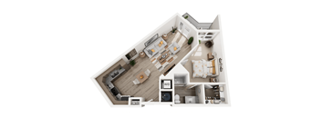 A floor plan of a house with a living room, kitchen, and two bedrooms.
