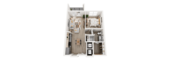 A top down view of a small apartment with a kitchen, living room, and bathroom.