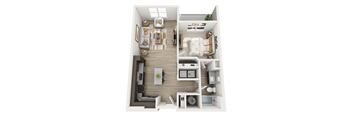 A top-down view of a small, neatly organized apartment with a kitchen, living room, and bathroom.