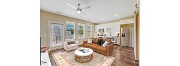 a living room with a couch and a coffee table