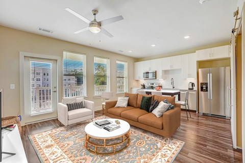 a living room with a couch and a coffee table