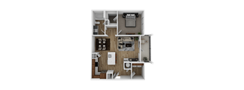 A 3D rendered image of a small apartment layout.