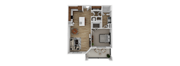 A top-down view of a small apartment with a living room, kitchen, and bedroom.