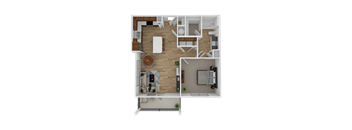 A top-down view of a modern apartment layout with a kitchen, living room, and bathroom.