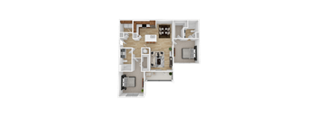 A top-down view of a modern apartment layout with a kitchen, living room, and bedrooms.