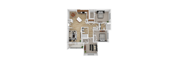 A top-down view of a house layout with a living room, kitchen, dining area, and bedrooms.