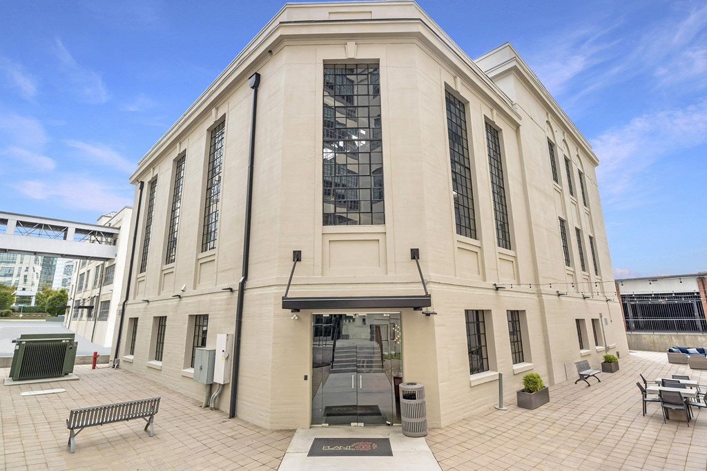 the front of a building with a glass door