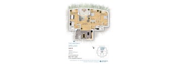 A floor plan for an apartment at The Abigail, showing a living room, two bedrooms, a bathroom, and a kitchen.
