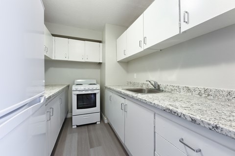 A kitchen with white cabinets and a marble countertop.