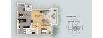a floor plan of a house with a bedroom and a living room