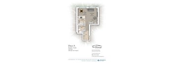 A floor plan for a studio apartment at The Paramount, showing a kitchen, living room, and bathroom.