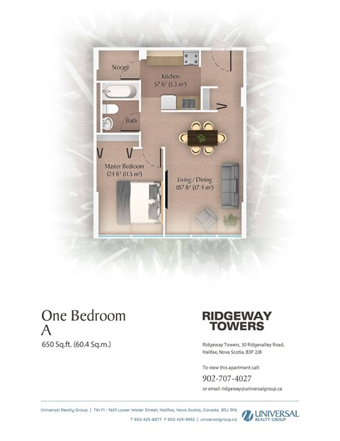 A floor plan for a one bedroom apartment at Ridgeway Towers.