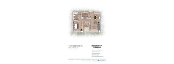A floor plan for a two bedroom apartment sits atop contact information for the building.