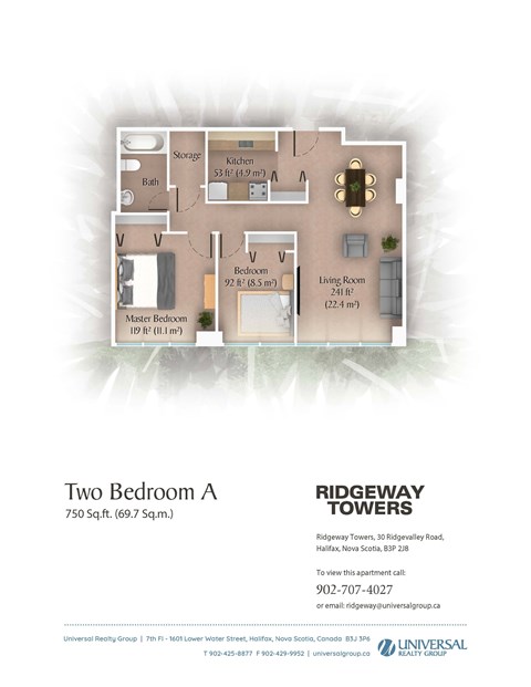 A floor plan for a two bedroom apartment sits atop contact information for the building.
