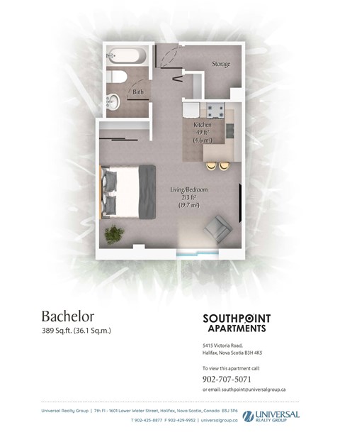 A floor plan for a Bachelor apartment at Southpoint Apartments.