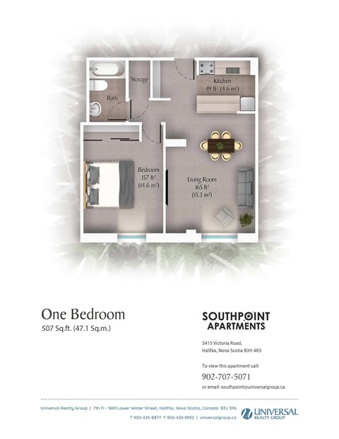 A floor plan for a one bedroom apartment at Southpoint Apartments.