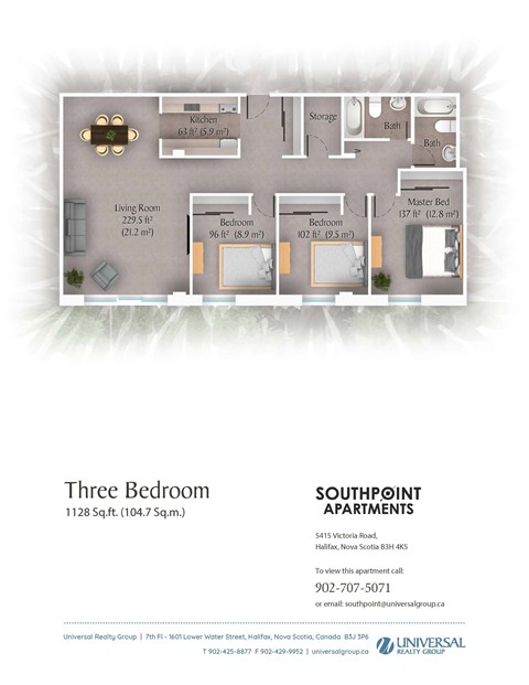 A floor plan for a three bedroom apartment is shown.