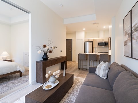 A modern living room with a grey sofa and a wooden coffee table.
