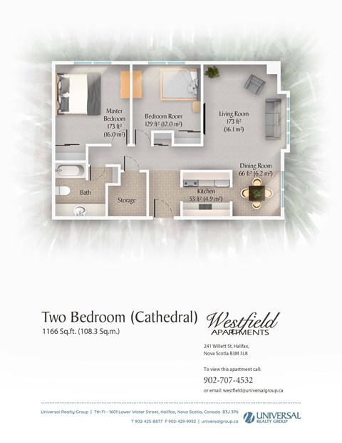 A floor plan for a two bedroom apartment at Westfield Apartments.
