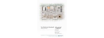 A floor plan for a two bedroom apartment with a living room, dining room, kitchen, and bathroom.