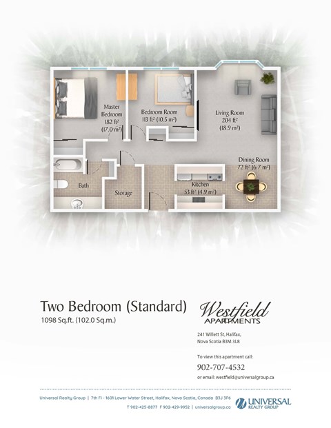 A floor plan for a two bedroom apartment with a living room, dining room, kitchen, and bathroom.