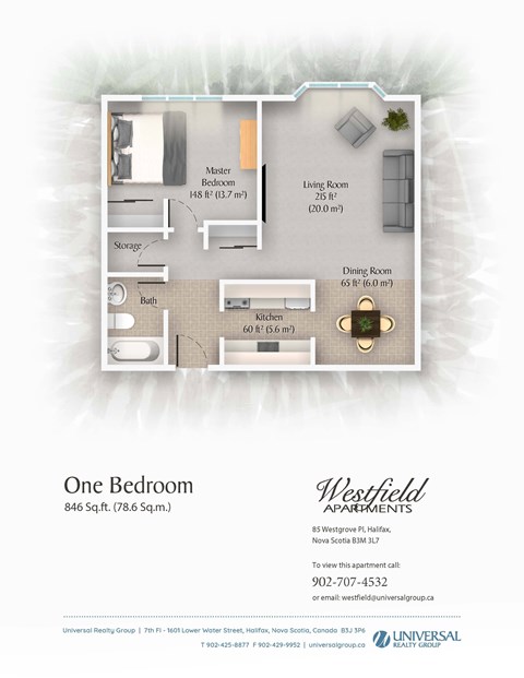 A floor plan for a one bedroom apartment at Westfield Apartments.