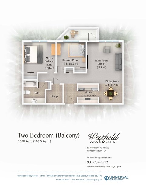 A floor plan for a two bedroom apartment with a balcony.