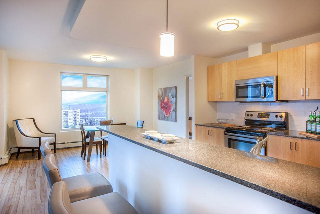 a kitchen with an island and a counter top