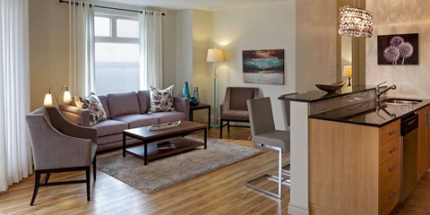 a living room with a couch and a table