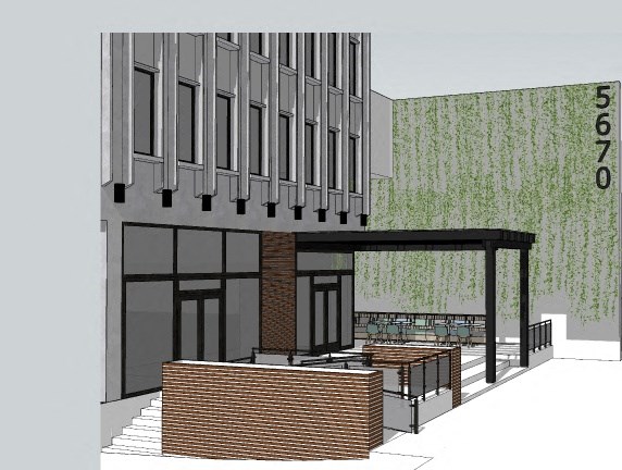 a render of a building with a facade and awning