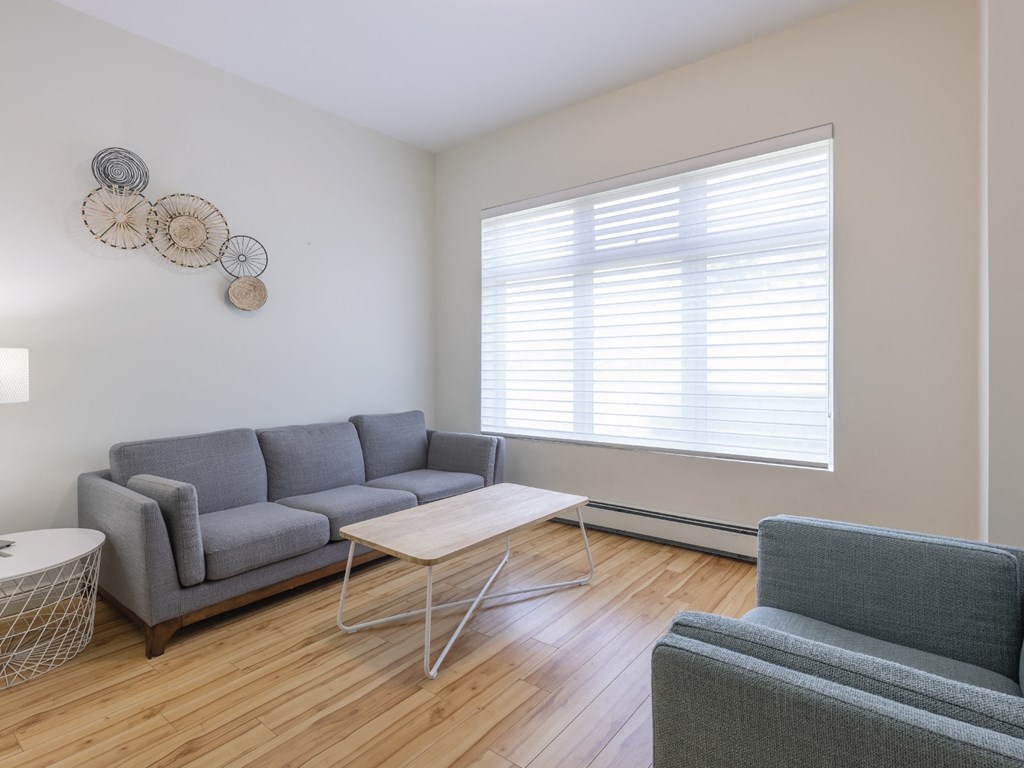 A living room with a grey couch, a white coffee table, and a grey armchair.