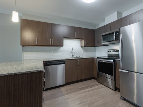 A kitchen with a refrigerator, dishwasher, and oven.