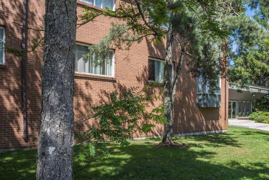 the side of a brick building with trees in front of it