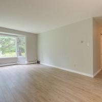 an empty living room with a wood floor and a window