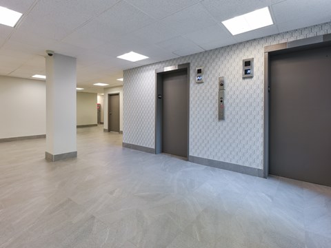 A hallway with two elevators and a wall with a diamond pattern.